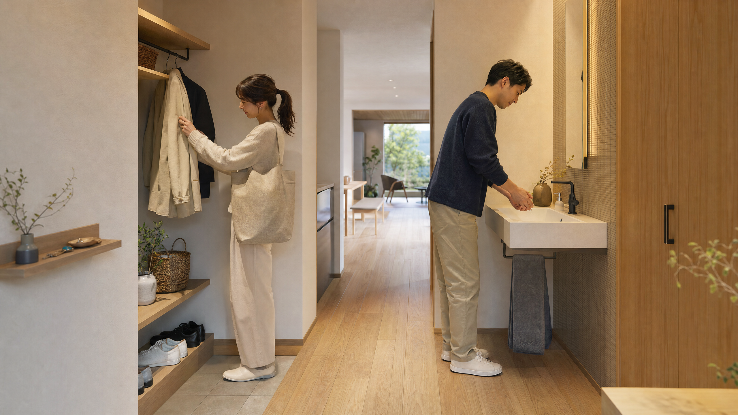 玄関近くの洗面と収納を、若い夫婦が自然に使っている、帰宅後の動線のイメージ。