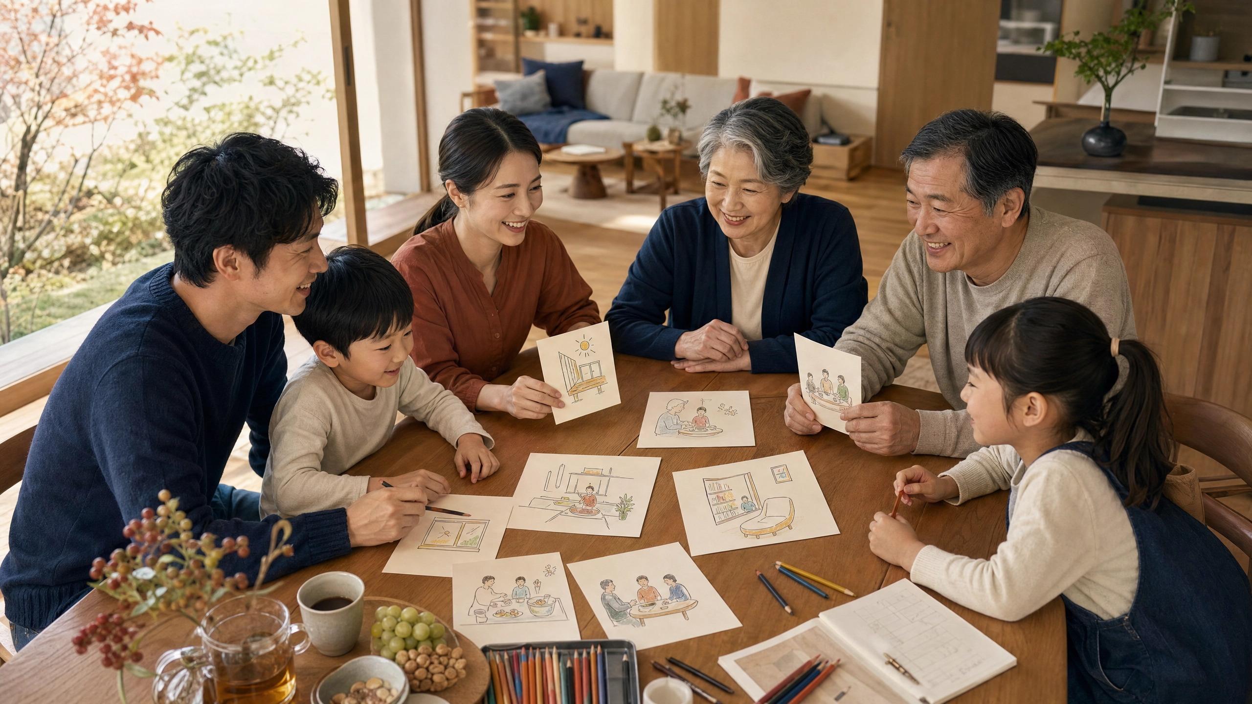 ダイニングテーブルで、家族が家の絵や暮らしの場面を書いたカードを並べて話しているイメージ。