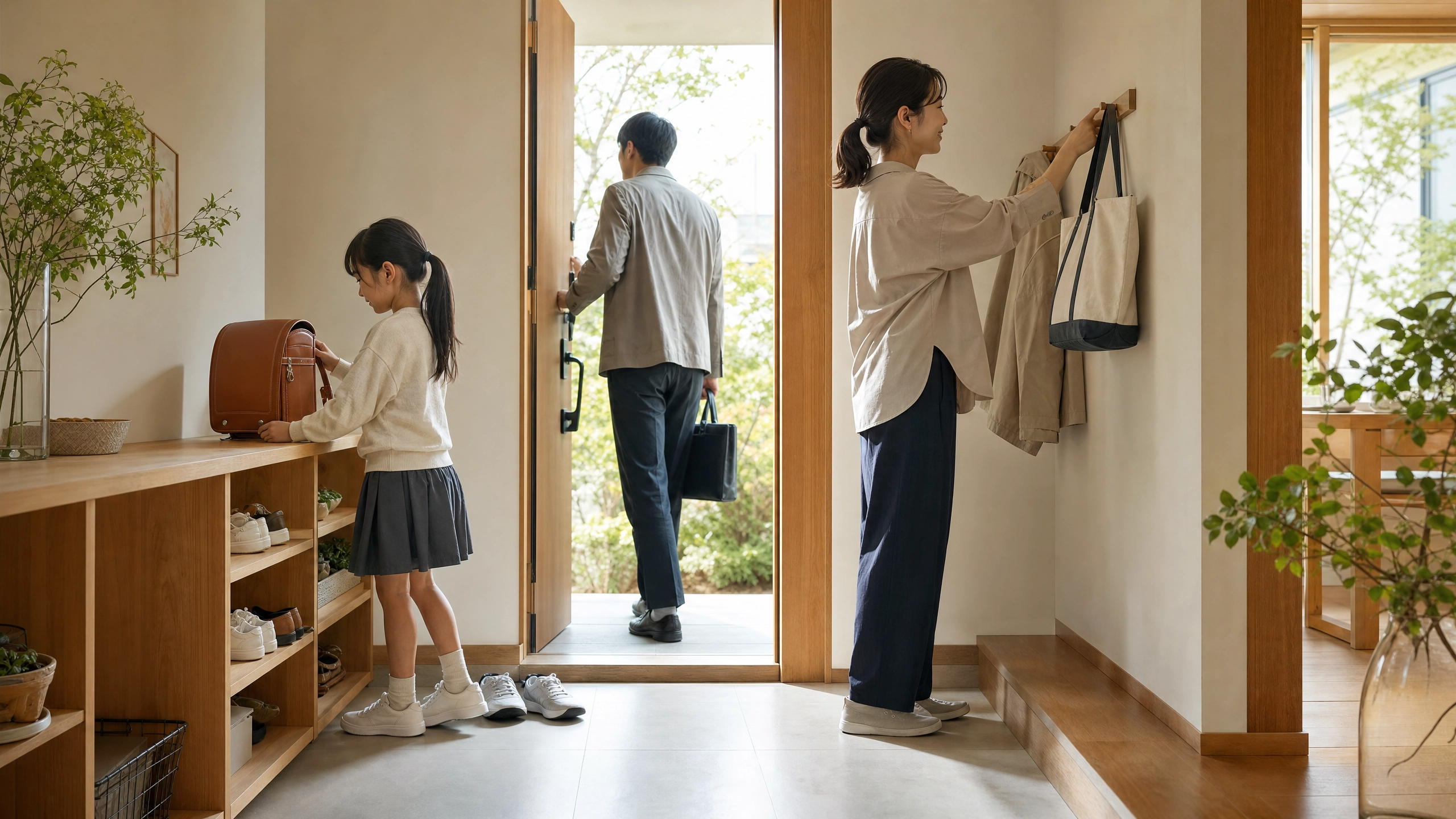玄関で子どもがランドセルを棚へ置き、親がバッグを定位置へ戻している、整った帰宅動線のイメージ。
