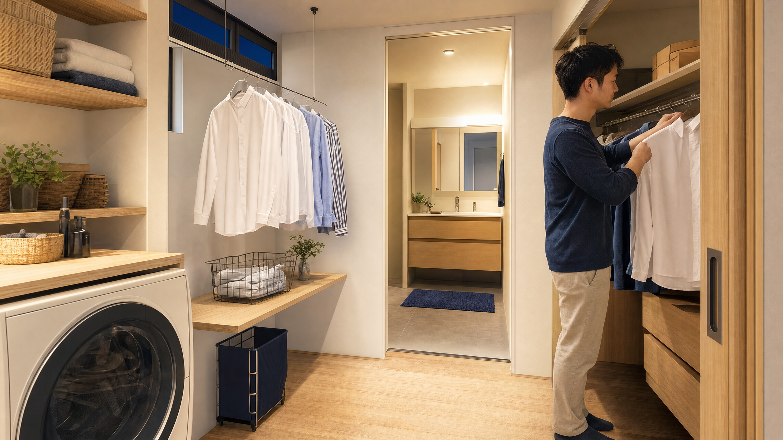 室内干し、洗濯機、衣類収納が近くにまとまった、コンパクトなランドリー空間のイメージ。