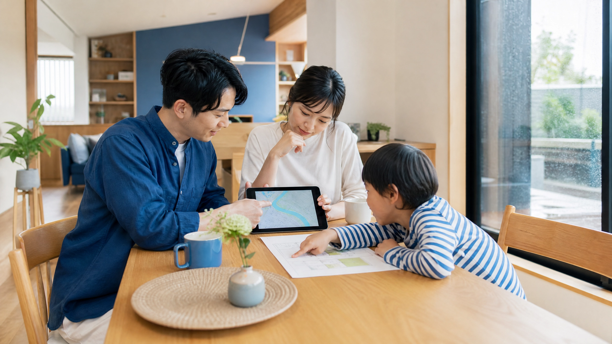 木のダイニングで、家族がタブレットのハザードマップと敷地図を確認している様子。