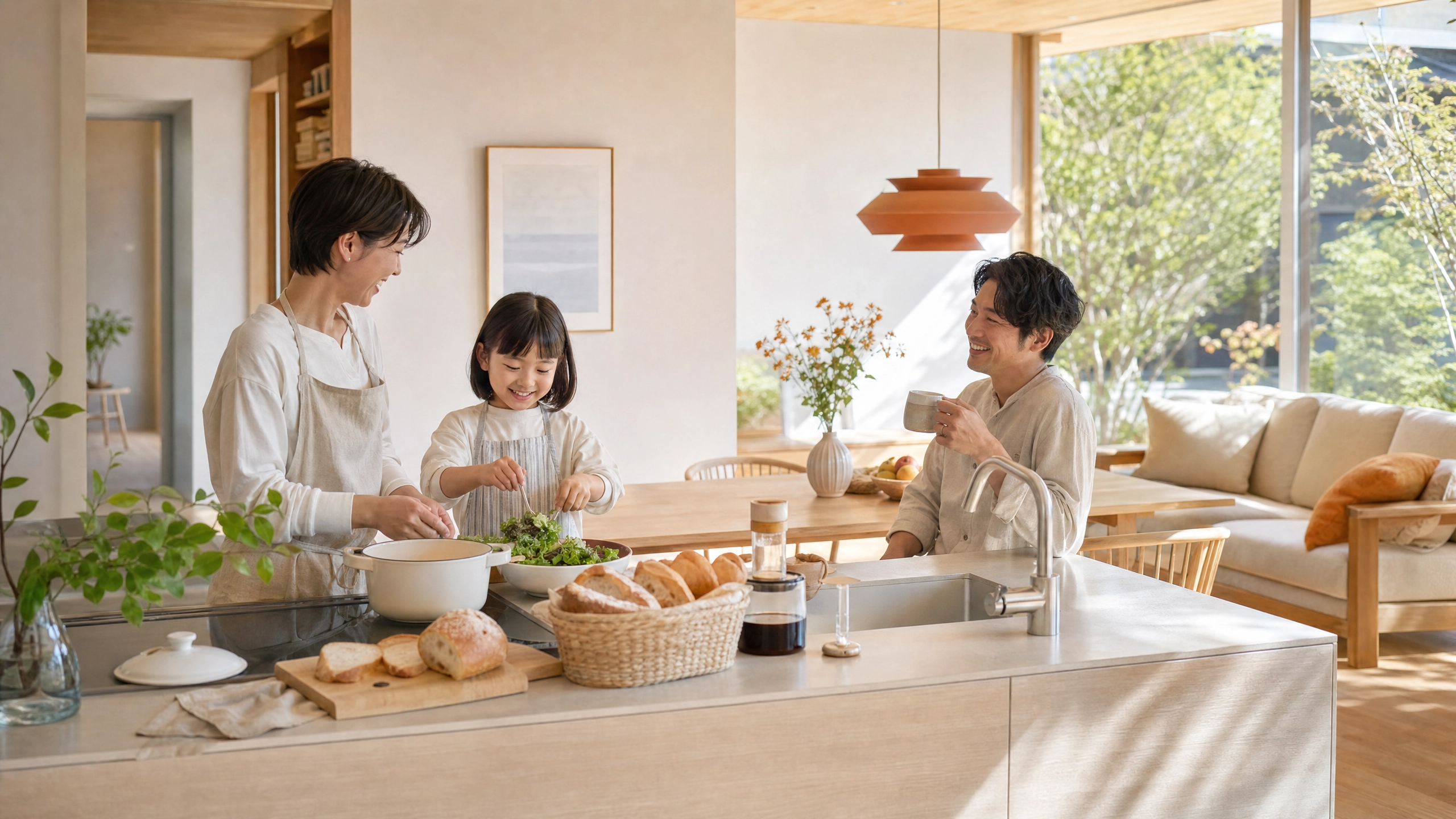 明るいキッチンとダイニングで、親子が休日の朝にパンとコーヒーを用意しているイメージ。
