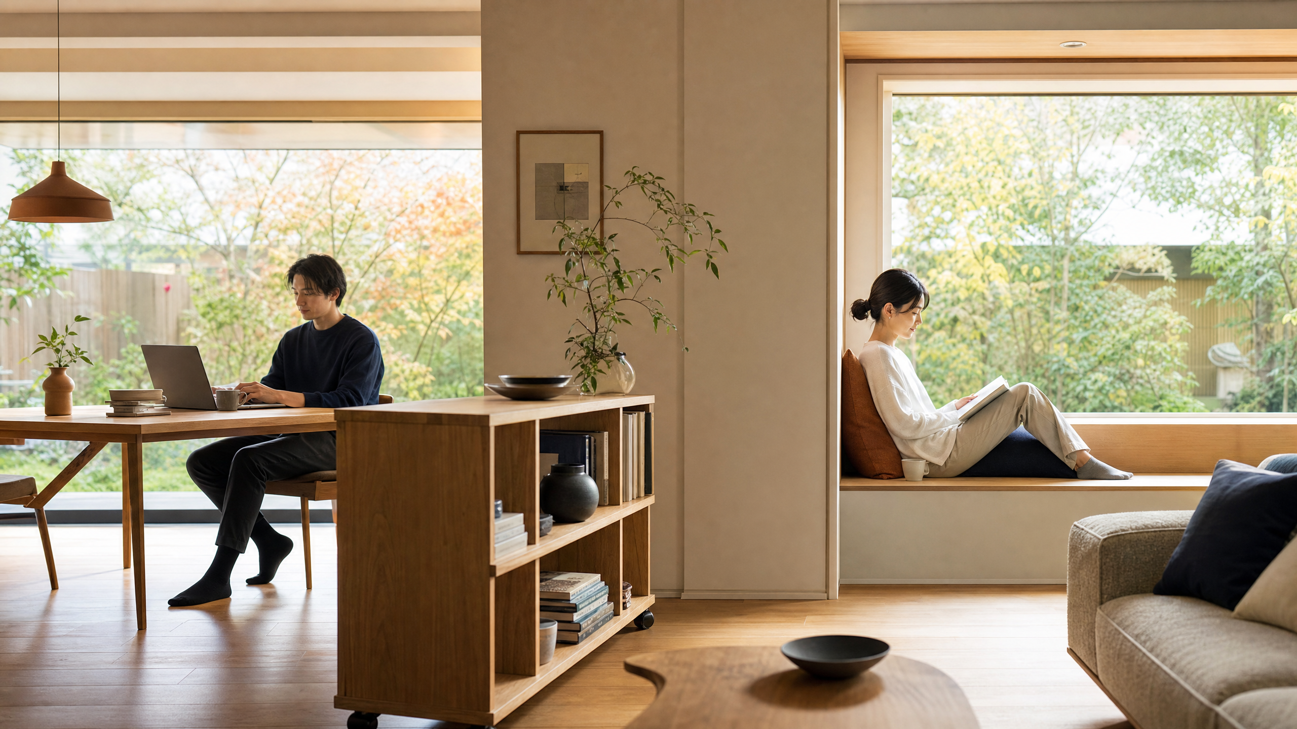 リビングの一角にある小さなカウンターと窓辺の居場所で、夫婦が別々の時間を心地よく過ごすイメージ。