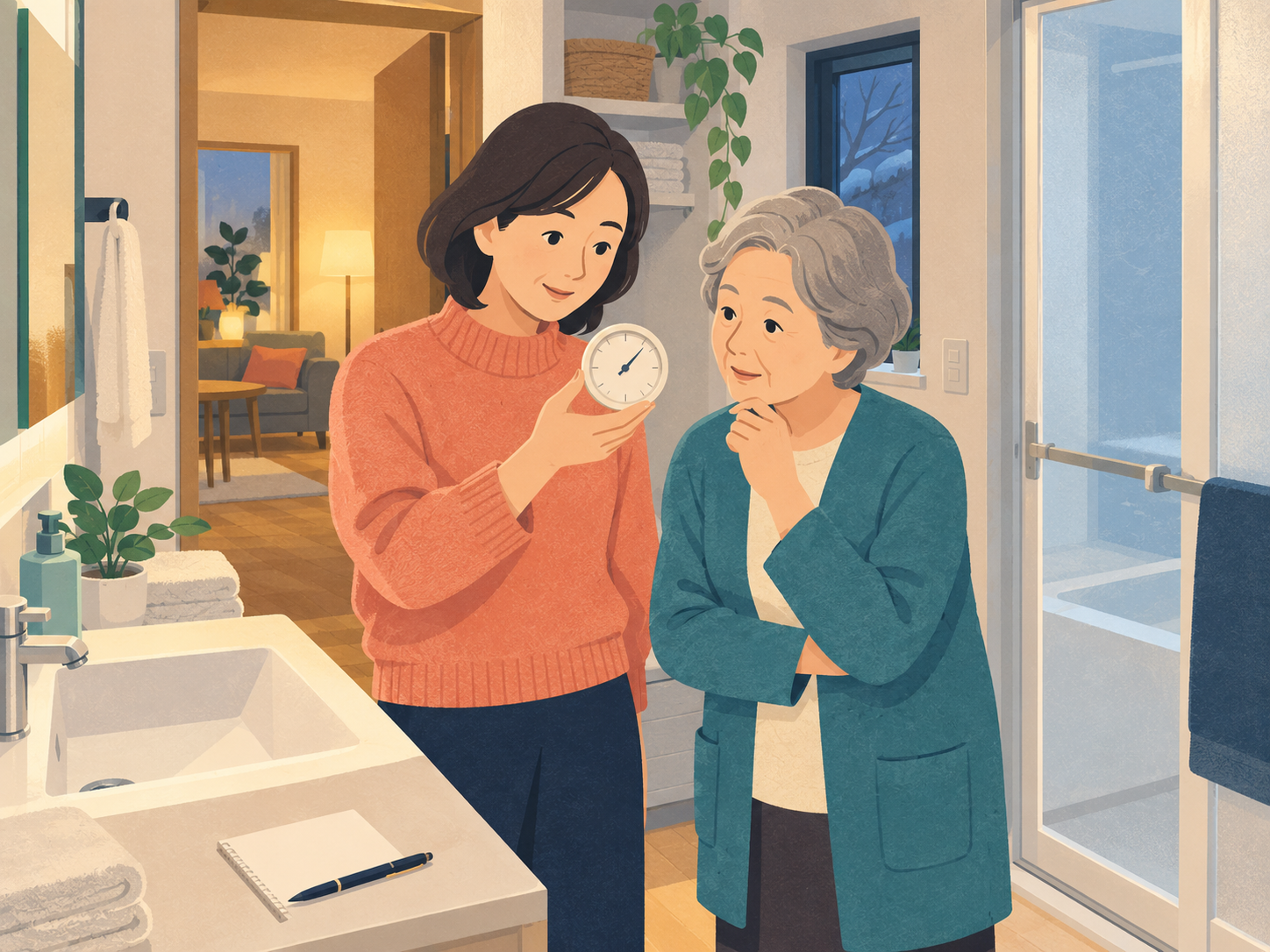 冬の脱衣所で室温を確認する母娘-3.png